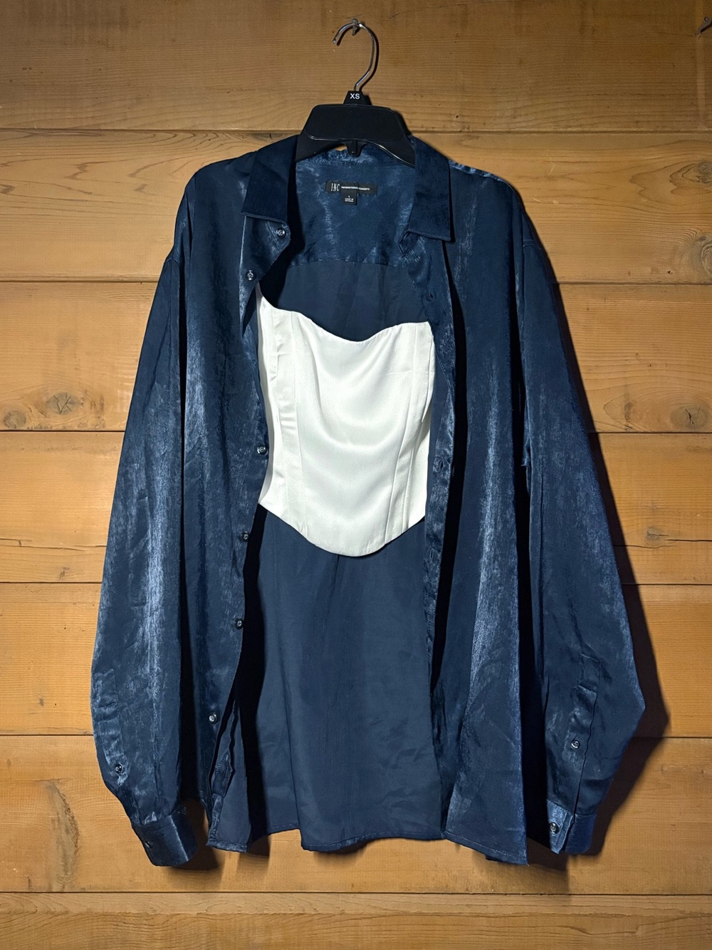 Navy Satin Button Down Shirt- INC International Concepts- Size Large